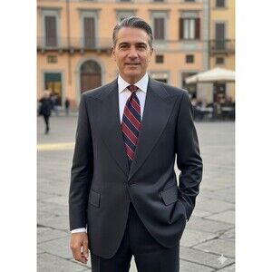 Vtg Bespoke Men Suit Black Flannel Wool Hand Tailored Surgeon’s Cuffs 48R 46x30